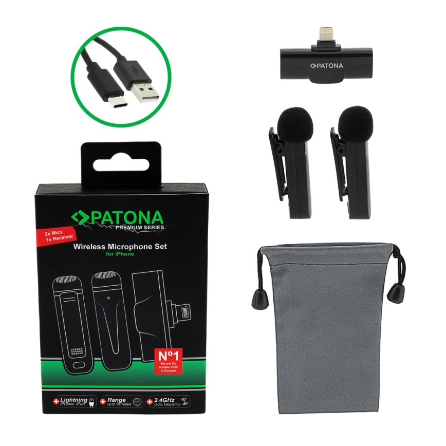 PATONA - 2x Trådløs mikrofon med klemme til iPhones USB-C 5V 50 mAh