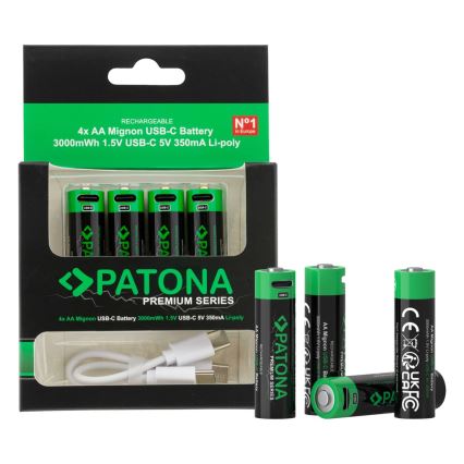 PATONA - SÆT 4x Akkumulator AA/LR6 Li-Pol 2000mAh 1,5Vs med USB-C opladning