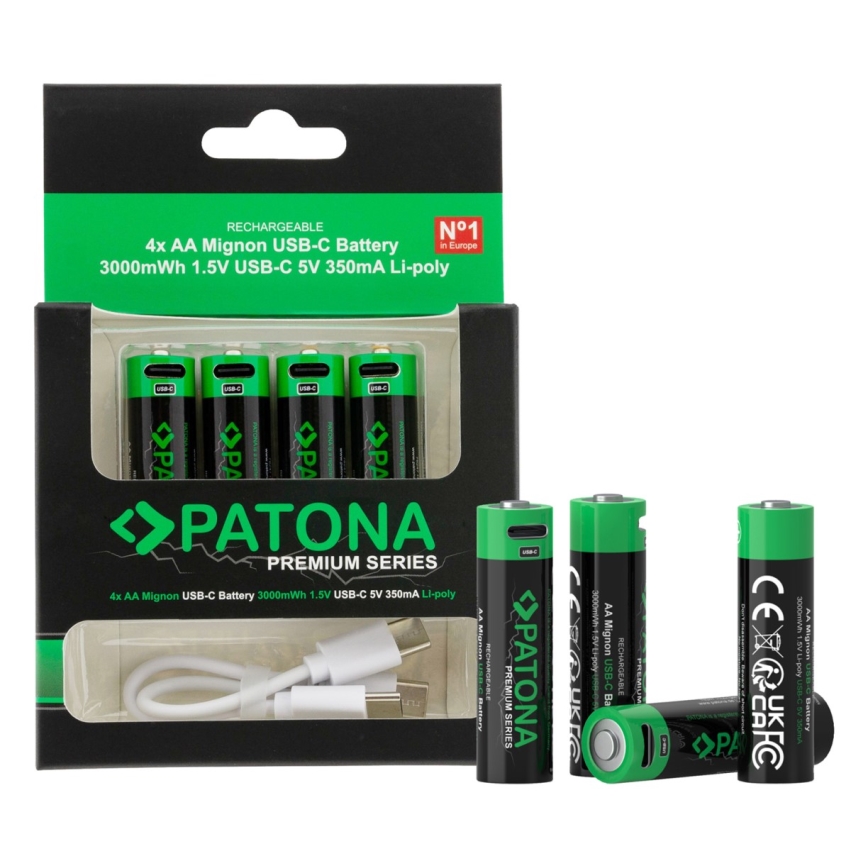 PATONA - SÆT 4x Akkumulator AA/LR6 Li-Pol 2000mAh 1,5Vs med USB-C opladning