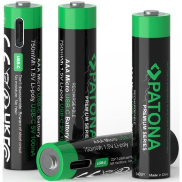 PATONA - SÆT 4x Akkumulator AAA/LR03 Li-Pol 500mAh 1,5V med USB-C opladning