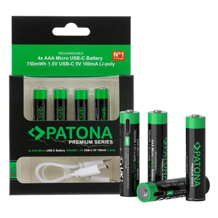 PATONA - SÆT 4x Akkumulator AAA/LR03 Li-Pol 500mAh 1,5V med USB-C opladning