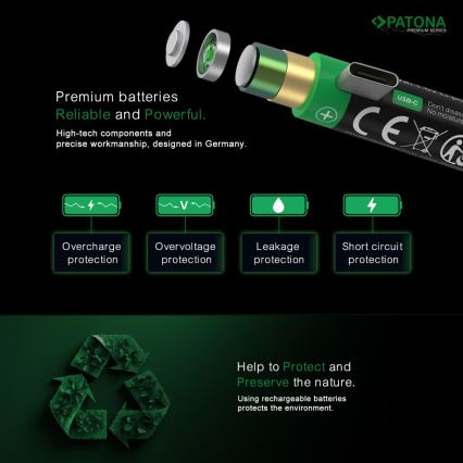 PATONA - SÆT 4x Akkumulator AAA/LR03 Li-Pol 500mAh 1,5V med USB-C opladning