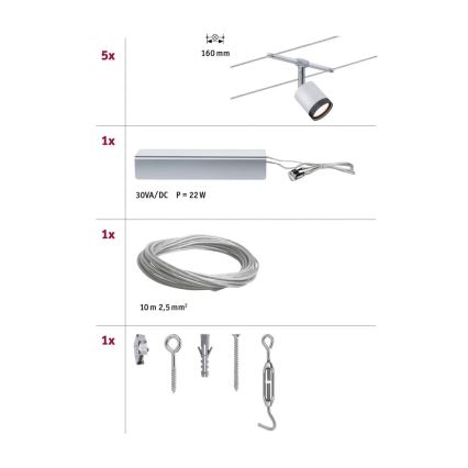 Paulmann 3981 - SÆT 5xLED/4W Komplet kabelsystem TUBE 230V mat krom/sort