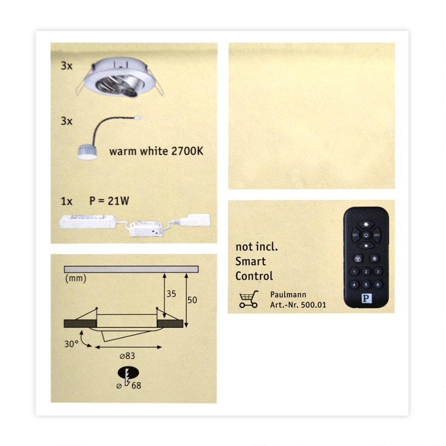 Paulmann 50007 - 3x Indbygningsspot dæmpbar SMART HOME LED/5,2W 230V Bluetooth