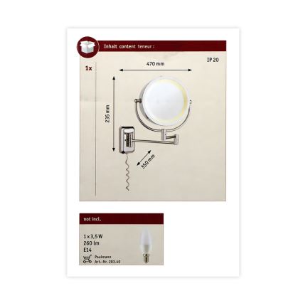 Paulmann 70349 - Væghængt makeupspejl 1xE14/20W IP44 230V