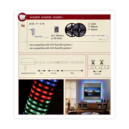 Paulmann 70514 - LED strip RGB/15W dæmpbar SIMPLED 7,5 m 230V + fjernbetjening