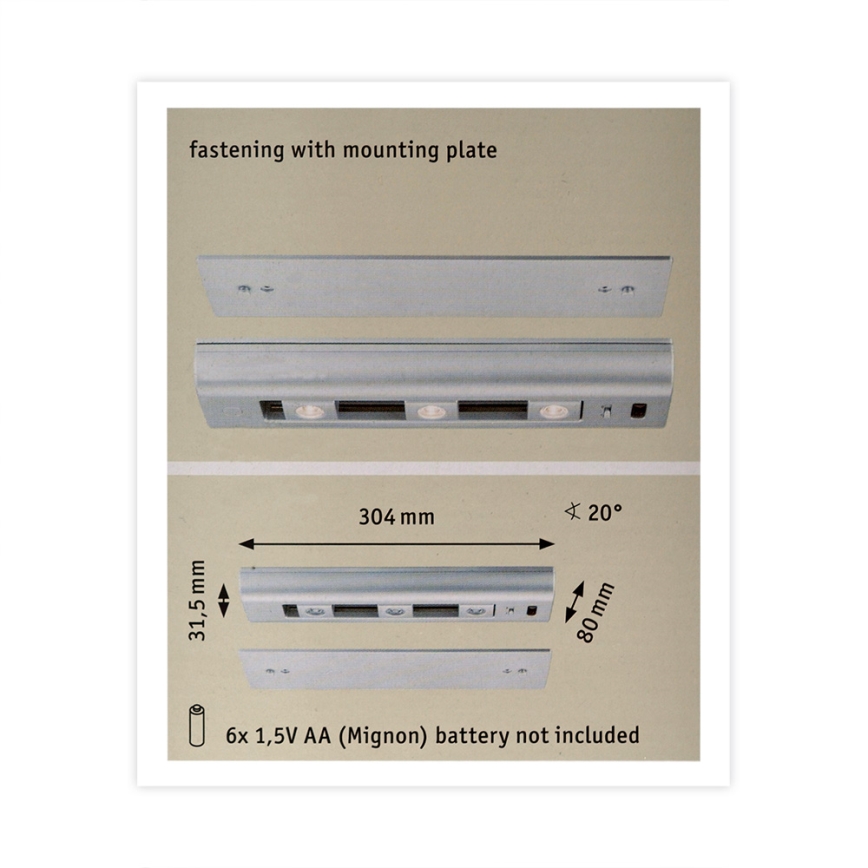 Paulmann 70640 - 3x LED skabslampe dæmpbar 0,5W SLIDE 6xAA