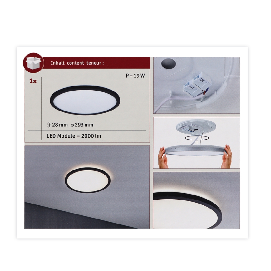 Paulmann 70998 - LED/16W Fastmonteret panel ATRIA 230V 3000K diameter 29,3 cm sort