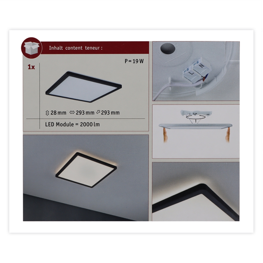 Paulmann 71001 - LED/16W Fastmonteret panel ATRIA 230V 3000K 29,3x29,3 cm sort