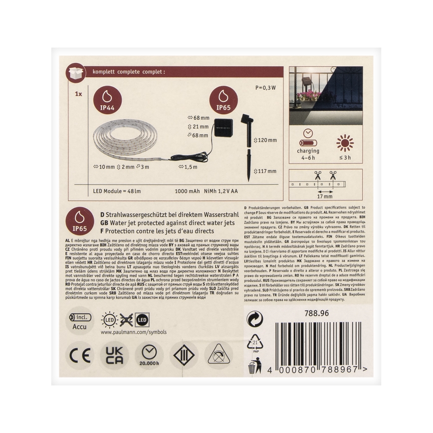 Paulmann 78896 - LED/0,3W IP44 Soldrevet lysbånd 3m 1,2V 1000 mAh