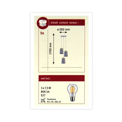 Paulmann 79627 - Pendel NORELL 3xE27/20W/230V betongrå