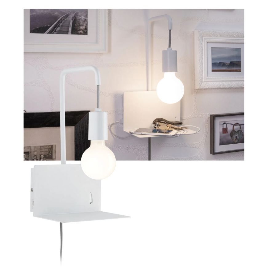 Paulmann 79812 - 1xE27/40W Væglampe med hylde og USB CALVANI 230V hvid