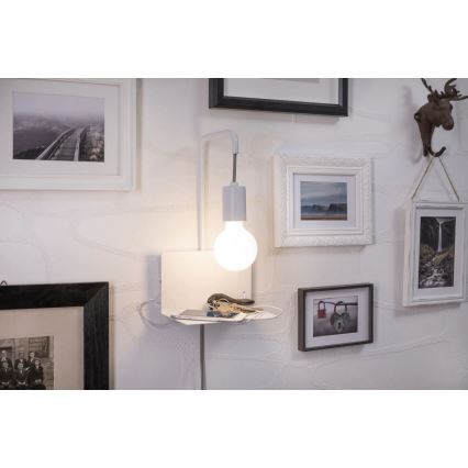 Paulmann 79812 - 1xE27/40W Væglampe med hylde og USB CALVANI 230V hvid