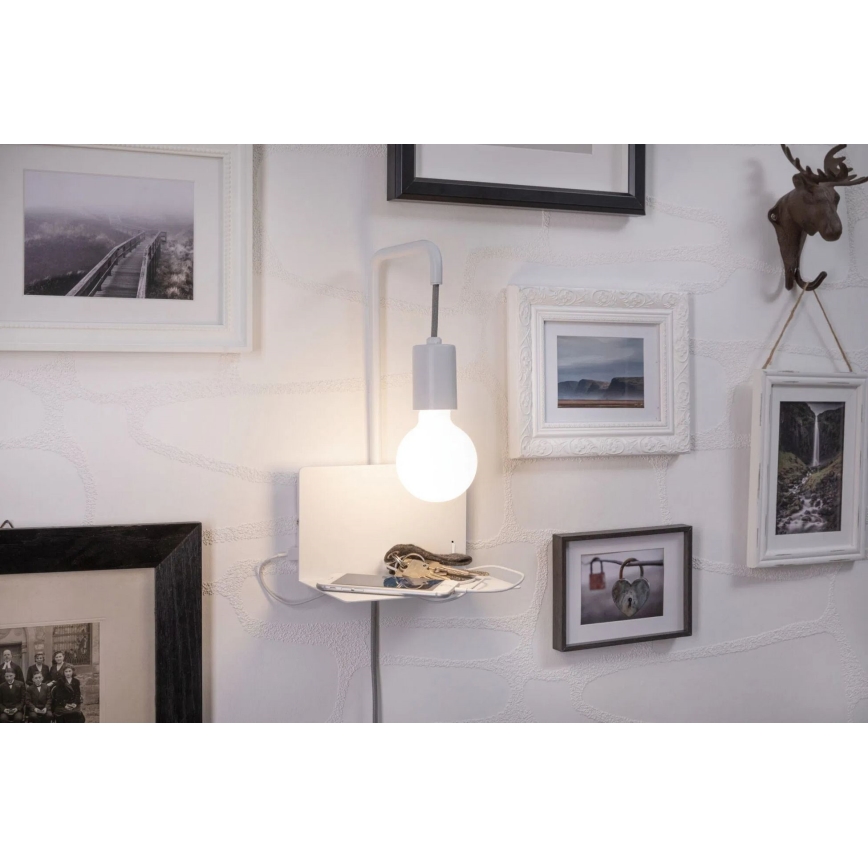 Paulmann 79812 - 1xE27/40W Væglampe med hylde og USB CALVANI 230V hvid