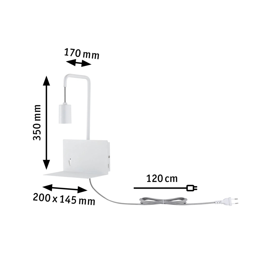 Paulmann 79812 - 1xE27/40W Væglampe med hylde og USB CALVANI 230V hvid