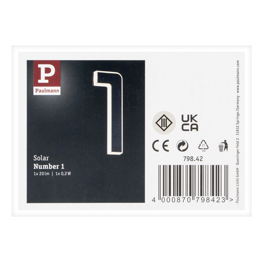 Paulmann 79842 - Soldrevet husnummer LED/0,2W IP44 1,2V 1500 mAh