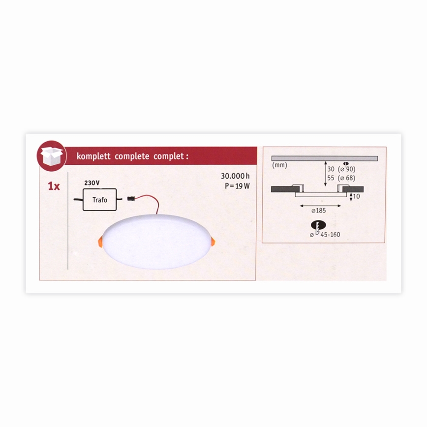 Paulmann 92389 - Indbygningslampe til badeværelse VARIFIT LED/17W IP44 230V
