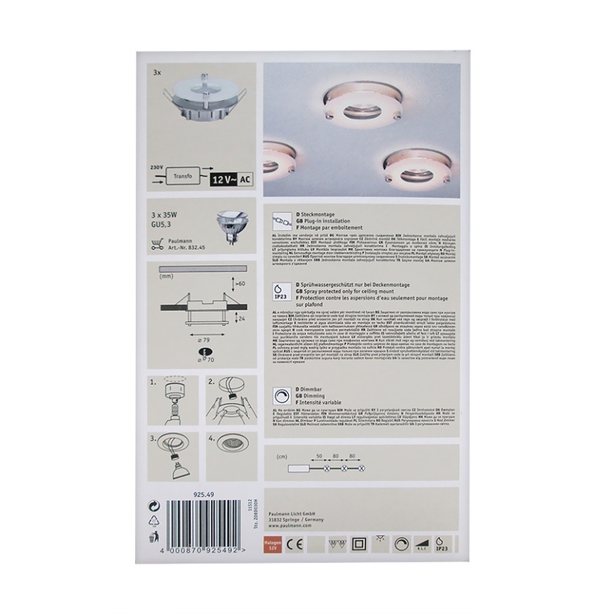 Paulmann 92549 - SÆT 3xGU5,3/35W Badeværelse indbygget belysning PREMIUM 230V/12V