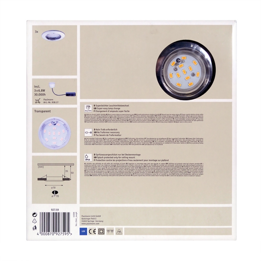 Paulmann 92759 - SÆT 3xLED/6,8W Badeværelse indbygget belysning COIN 230V IP44