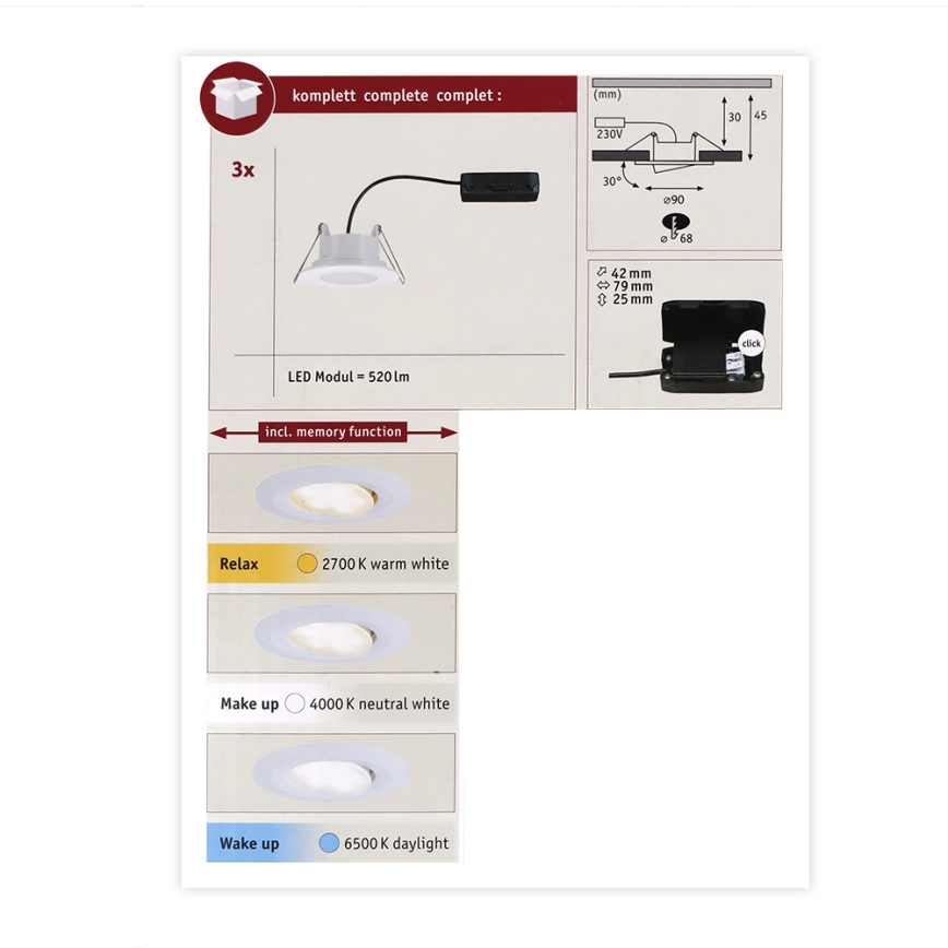 Paulmann 93012 - 3x Indbygningsspot CALLA LED/5,5W IP65 230V 2700/4000/6500K