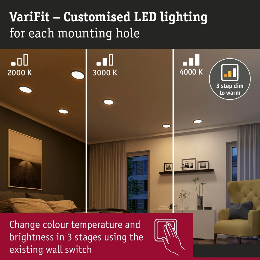 Paulmann 93102 - LED/16W IP44 Badeværelses indbygningsspot AREO 230V 2000/3000/4000K Ø 23 cm sort