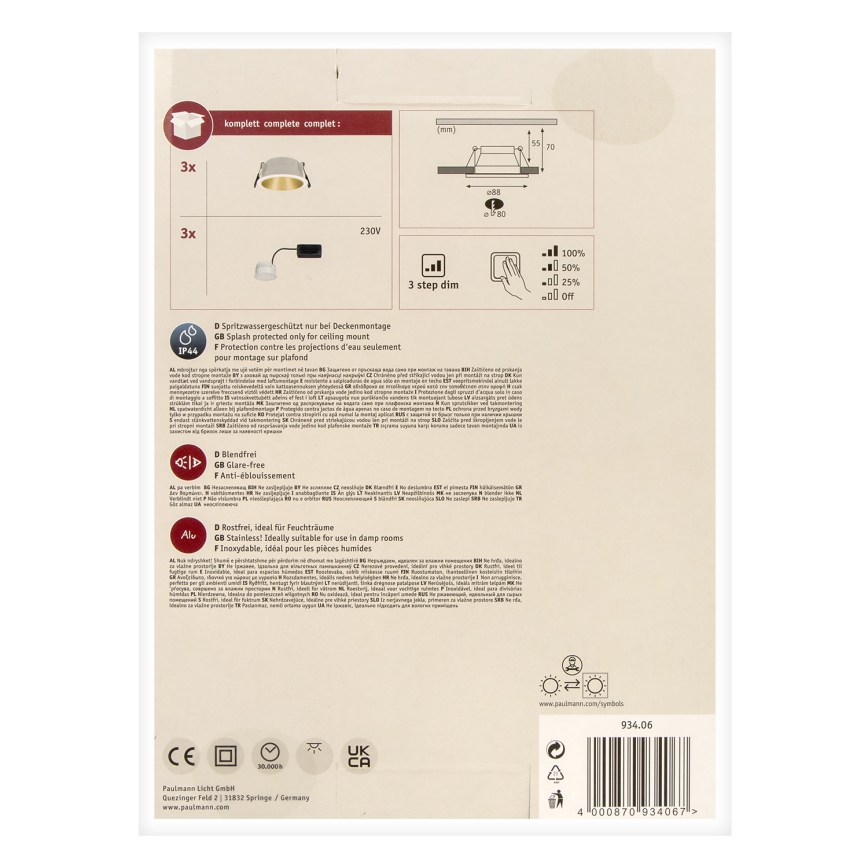 Paulmann 93406 - Indbygningslamper til badeværelse dæmpbar 3xLED/6,5W IP44 COLE 230V