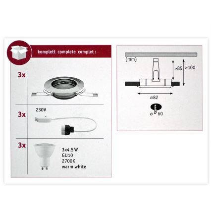 Paulmann 93656 - 3x Indbygningsspot LED/GU10/4,5W 230V