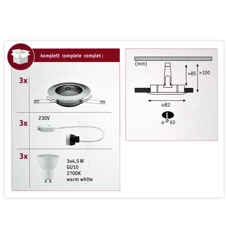 Paulmann 93656 - 3x Indbygningsspot LED/GU10/4,5W 230V
