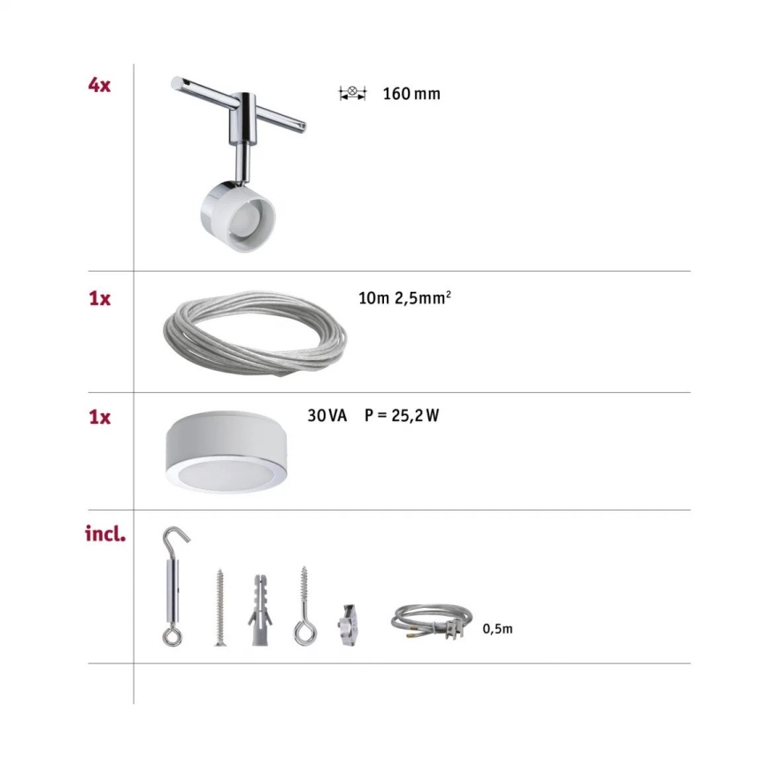 Paulmann 94080 - SÆT med 4xLED/4,8W Spot til kabelsystem STAGE 230V blank krom