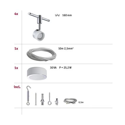 Paulmann 94080 - SÆT 4xLED/4,8W Komplet kabelophængssystem STAGE 230V skinnende krom