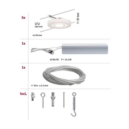 Paulmann 94109 - Sæt 5xLED/4,3W komplet kabelsystem MAC 230V hvid