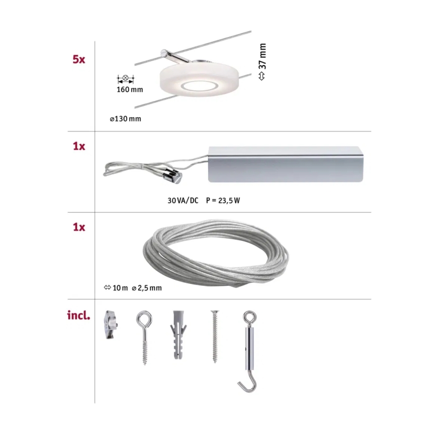 Paulmann 94109 - Sæt 5xLED/4,3W komplet kabelsystem MAC 230V hvid