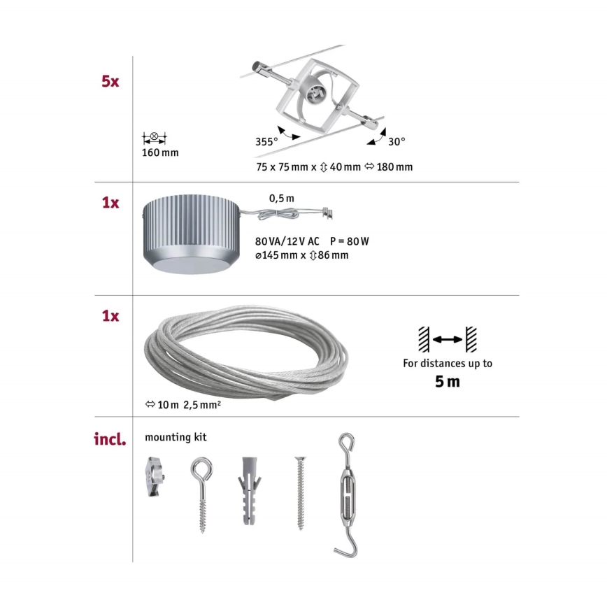 Paulmann 94133 - SÆT 5xGU5,3/10W Spotlampe til lyskædesystem MAC 230V mat krom