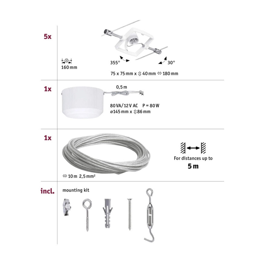 Paulmann 94134 - SÆT 5xGU5,3/10W Spotlampe til kabelsystem MAC 230V hvid
