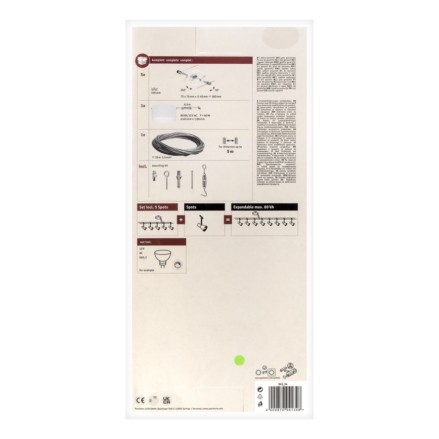Paulmann 94134 - Sæt med 5 GU5,3/10W, komplet kabelsystem MAC 230V, hvid