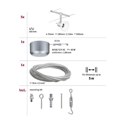 Paulmann 94136 - Sæt med 5xGU5,3/10W komplet kabelsystem SHEELA 230V poleret krom