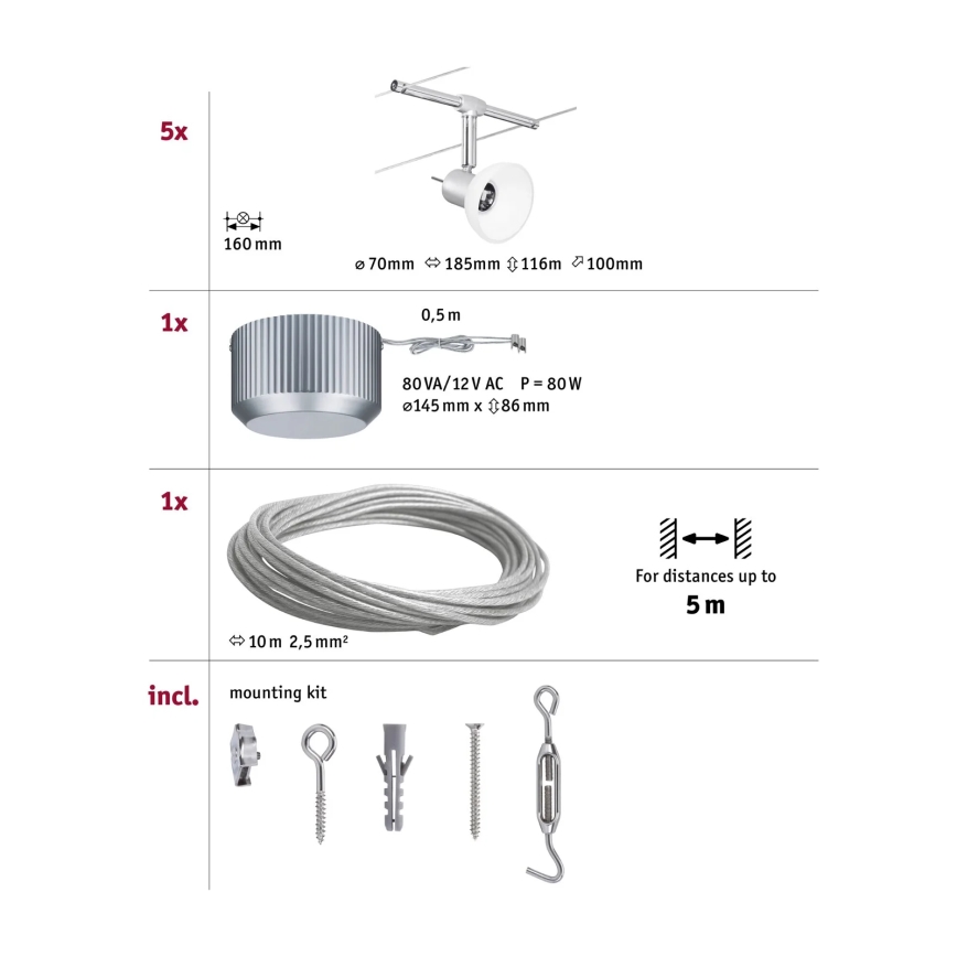 Paulmann 94136 - Sæt med 5xGU5,3/10W komplet kabelsystem SHEELA 230V poleret krom