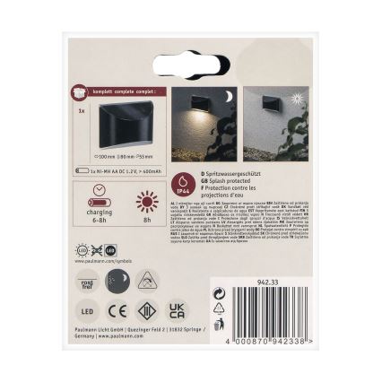 Paulmann 94233 - LED/0,05W IP44 Soldrevet væglampe ELLIOT 1,2V 400 mAh