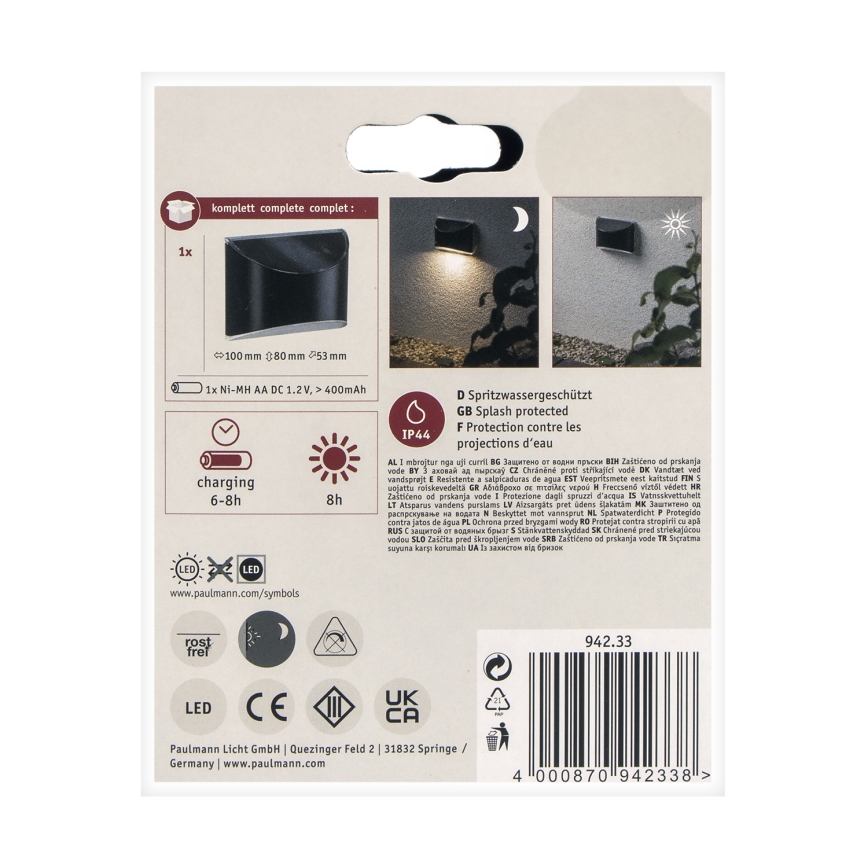 Paulmann 94233 - LED/0,05W IP44 Soldrevet væglampe ELLIOT 1,2V 400 mAh