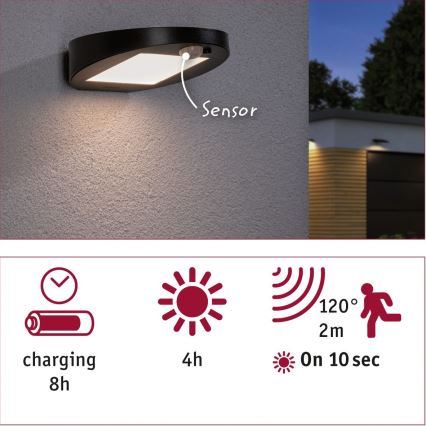 Paulmann 94246 - LED/1,2W IP44 Udendørs solcellelampe med sensor RYSE 3,7V 1800 mAh