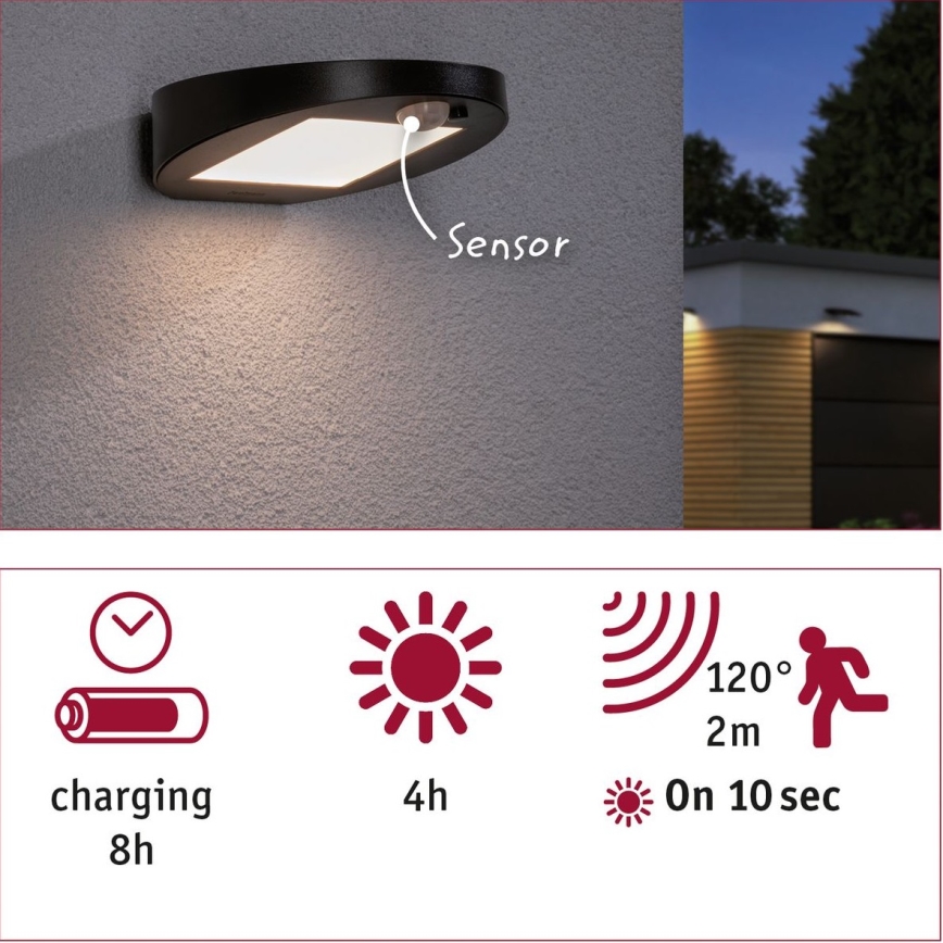 Paulmann 94246 - LED/1,2W IP44 Udendørs solcellelampe med sensor RYSE 3,7V 1800 mAh