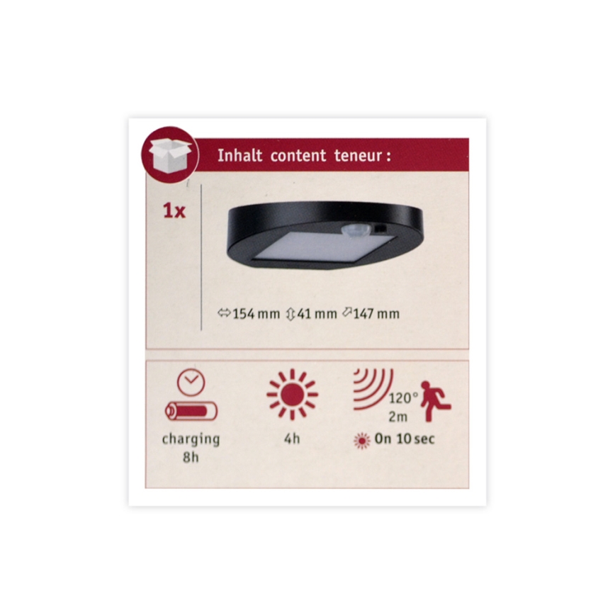 Paulmann 94246 - LED/1,2W IP44 Udendørs solcellelampe med sensor RYSE 3,7V 1800 mAh