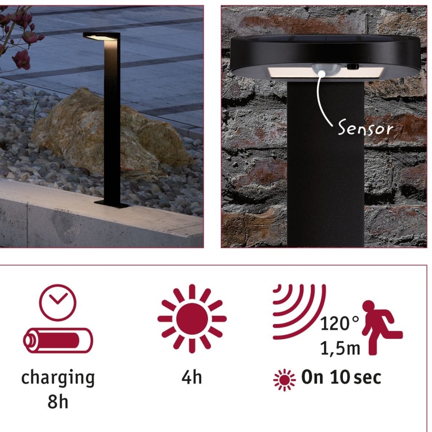 Paulmann 94249 - Solcellelampe m. sensor LED/1,2W IP44 RYSE 3,7V 1800 mAh