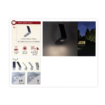 Paulmann 94261 - Soldrevet væglampe med sensor ILIAS LED/1,2W IP44 3,7V