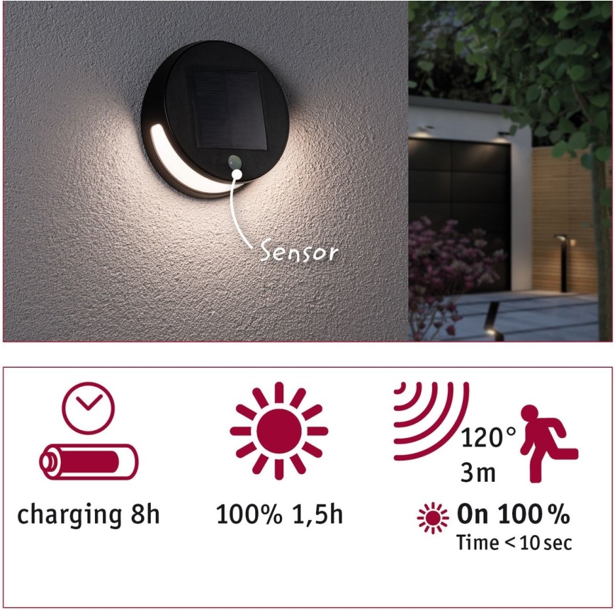 Paulmann 94265 - LED/3W IP44 Udendørs solcellelampe med sensor HELENA 3,7V 1800 mAh