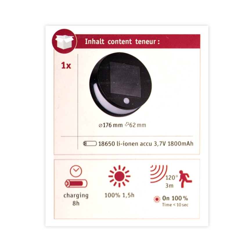 Paulmann 94265 - LED/3W IP44 Udendørs solcellelampe med sensor HELENA 3,7V 1800 mAh