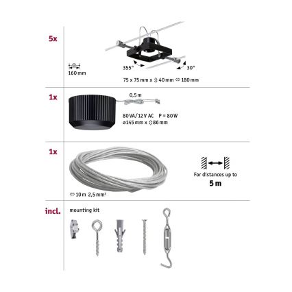 Paulmann 94290 - SÆT 5xGU5,3/10W Spotlampe til lyskædesystem MAC 230V sort