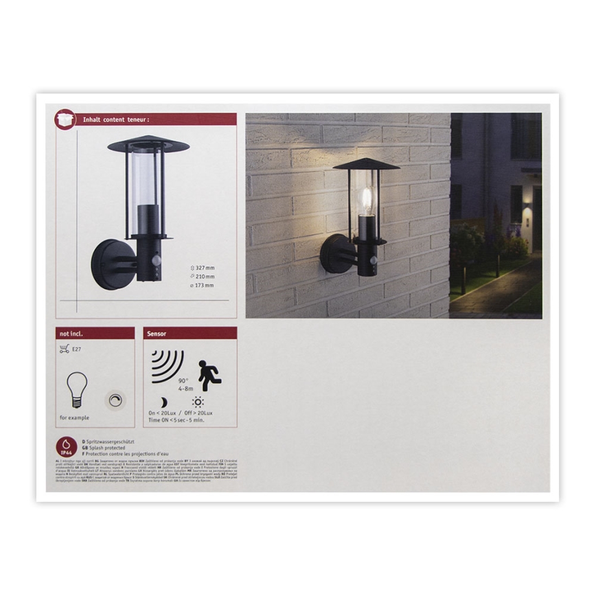 Paulmann 94396 - Udendørs væglampe med sensor CLASSIC 1xE27/15W IP44 230V