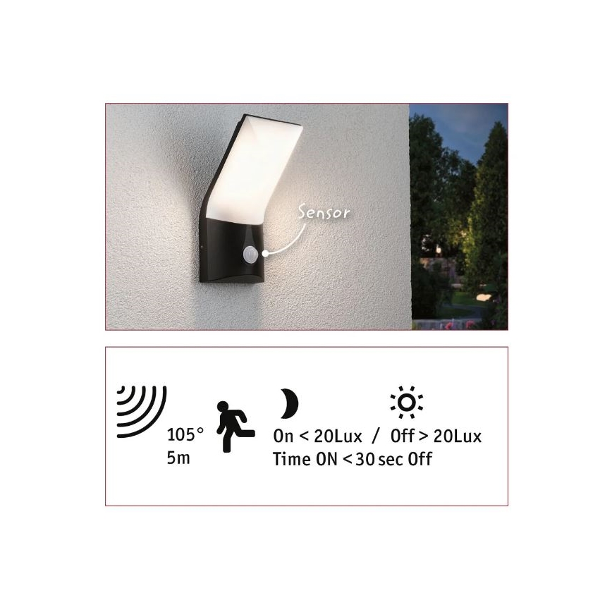 Paulmann 94402 - LED/10W IP44 Udendørs væglampe med sensor ADYA 230V