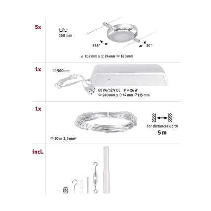 Paulmann 94414 - SÆT 5xLED/4,5W Spotlampe til lyskædesystem ROUNDMAC 230V skinnende krom